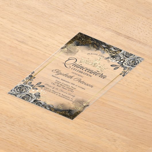 Elegante Schwarze Rose Gothic Quinceañera Acryleinladungen (Ablage )