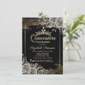 Elegante Schwarze Rose Gothic Quinceañera Einladung (Stehend Vorderseite)