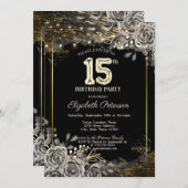 Elegante schwarze Rose, Schwarz 15. Geburtstag Einladung (Vorne/Hinten)