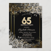 Elegante schwarze Rose, Schwarz 65. Geburtstag Einladung (Vorne/Hinten)