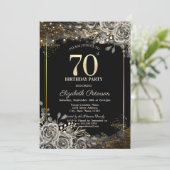 Elegante schwarze Rose, Schwarz 70. Geburtstag Einladung (Stehend Vorderseite)