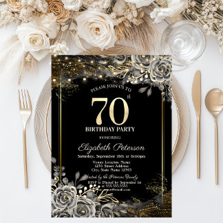 Elegante schwarze Rose, Schwarz 70. Geburtstag Einladung