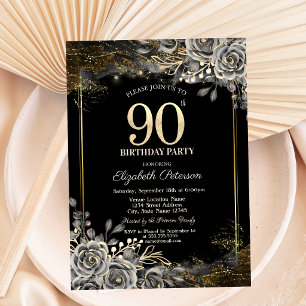Elegante Schwarze Rose, Schwarz 90. Geburtstag Einladung