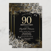 Elegante Schwarze Rose, Schwarz 90. Geburtstag Einladung (Vorne/Hinten)