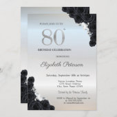 Elegante Schwarze Rose Silver 80. Geburtstag Einladung (Vorne/Hinten)