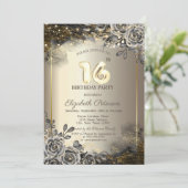 Elegante Schwarze Rose, String Lights 16. Geburtst Einladung (Stehend Vorderseite)