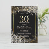 Elegante Schwarze Rose, String Lights 30. Geburtst Einladung (Stehend Vorderseite)