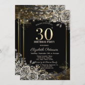 Elegante Schwarze Rose, String Lights 30. Geburtst Einladung (Vorne/Hinten)