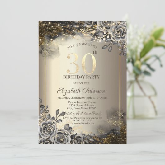 Elegante Schwarze Rose, String Lights 30. Geburtst Einladung (Stehend Vorderseite)