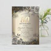 Elegante schwarze Rose, String Lights 50. Geburtst Einladung (Stehend Vorderseite)