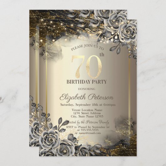 Elegante schwarze Rose, String Lights 70. Geburtst Einladung (Vorne/Hinten)
