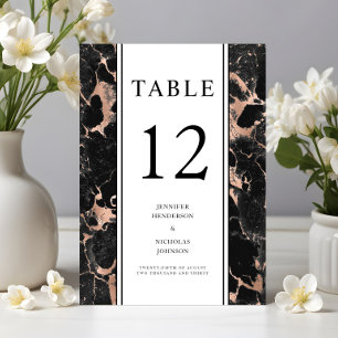 Elegante schwarze Roségold-Marmor-Hochzeit Tischnummer