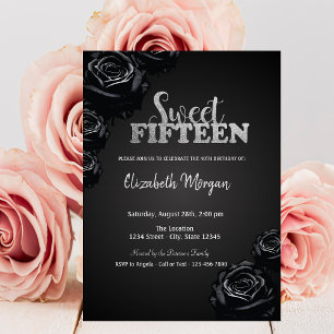 Elegante schwarze Rosen Gothic 15. Geburtstag Einladung