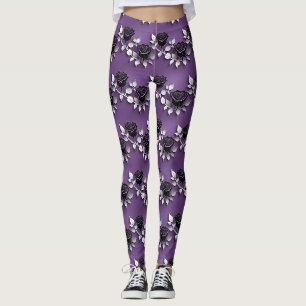 Elegante schwarze Rosen mit silbernen Blättern Leggings