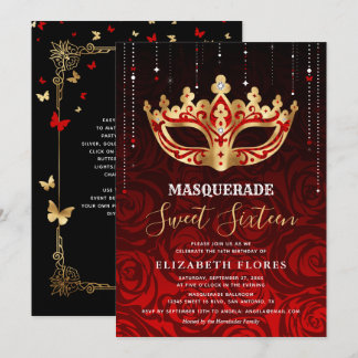 Elegante Schwarze Rote Rose Gold Masquerade Sweet  Einladung