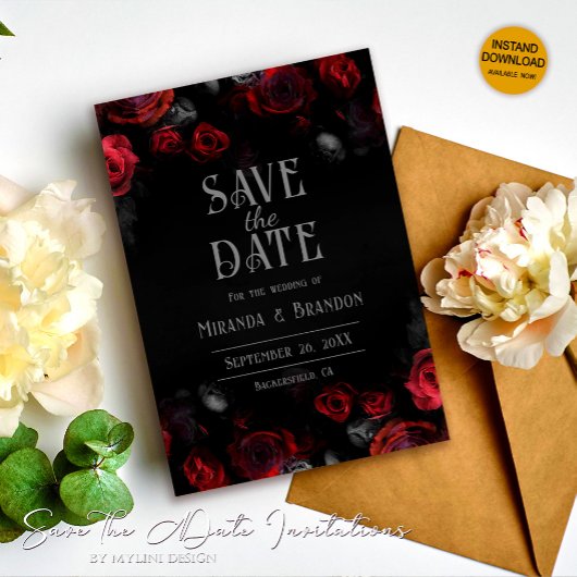 Elegante Schwarze Rote Rosen Save the Date floral