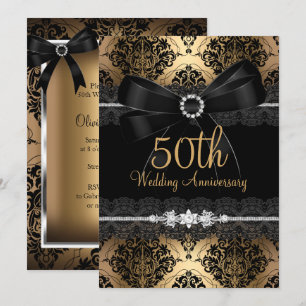 Elegante schwarze Schleife Damast Gold 50. Jubiläu Einladung