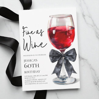 Elegante schwarze Schleife, fein wie Wein, 60. Geb Einladung