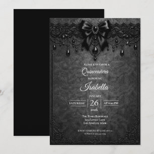 Elegante schwarze Schleife Perlen Quinceañera Einladung