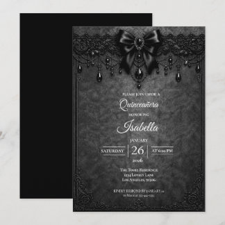 Elegante schwarze Schleife Perlen Quinceañera Einladung