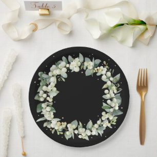 Elegante schwarze Schneebeeren- und Eukalyptus-Kra Pappteller
