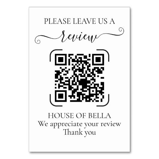 Elegante schwarze Schrift-QR-Code-Geschäftsbewertu Tischnummer (Vorderseite)