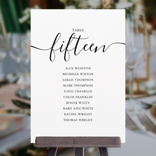 Elegante schwarze Schrift Tisch Nummer 15 Sitzplan Einladung