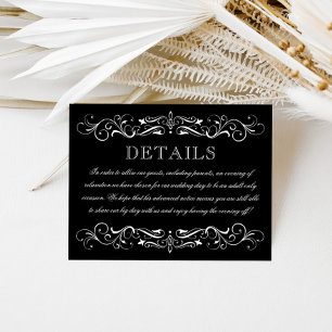 Elegante schwarze Schriftrolle Hochzeitsdetails Begleitkarte