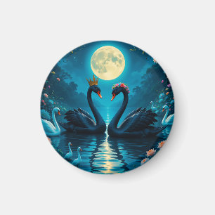 Elegante schwarze Schwäne unter Vollmond Magnet