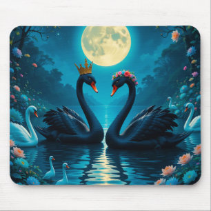 Elegante schwarze Schwäne unter Vollmond Mousepad