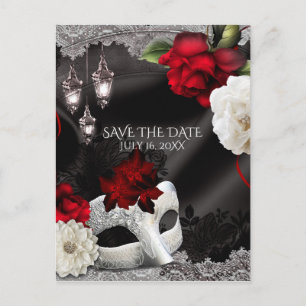Elegante schwarze Seiden-Blumen-Masquerade-Save-th Ankündigungspostkarte