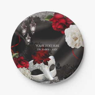 Elegante schwarze Seiden-Blumen- und Spitzen-Maske Pappteller