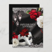 Elegante Schwarze Seidenflora Masquerade Save the Ankündigungspostkarte (Vorne/Hinten)