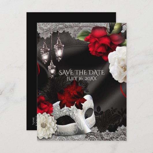 Elegante Schwarze Seidenflora Masquerade Save the Ankündigungspostkarte (Vorne/Hinten)