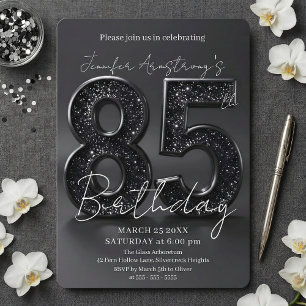 Elegante schwarze Silber-Glitter 85. Geburtstagsfe Einladung