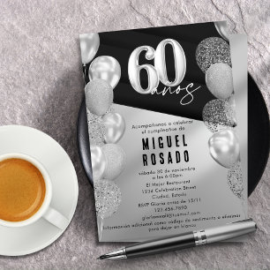 Elegante schwarze Silberballons 60. Geburtstagsfei Einladung