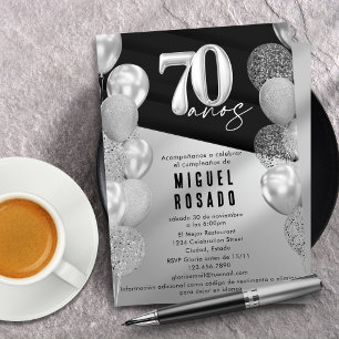 Elegante schwarze Silberballons 70. Geburtstagsfei Einladung
