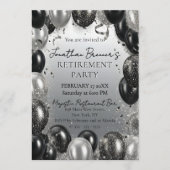 Elegante schwarze Silberballons Rentnerparty Einladung (Vorderseite)