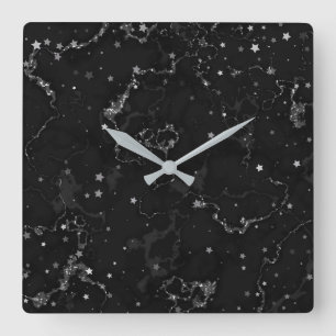 Elegante schwarze Silbermarmorstars Quadratische Wanduhr