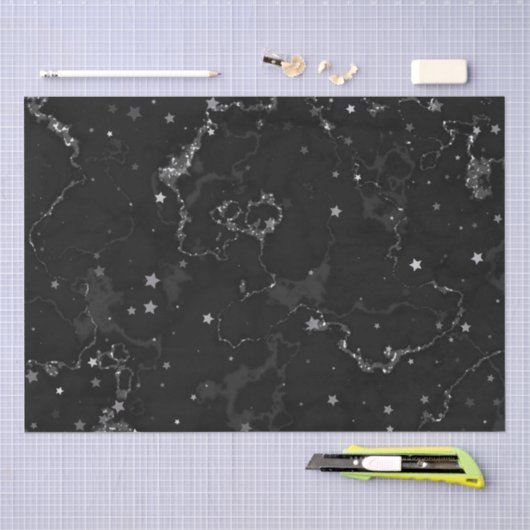 Elegante schwarze Silbermarmorstars Seidenpapier (Handwerk)