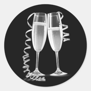 Elegante schwarze silberne Champagnerglas-Aufklebe Runder Aufkleber
