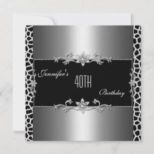 Elegante schwarze silberne Giraffen-Print-Jewel 40 Einladung