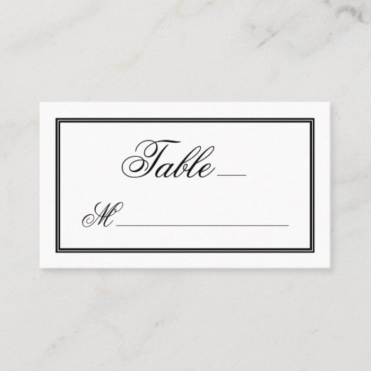 Elegante schwarze Skriptkalligrafie auf White Wedd Platzkarte (Vorderseite)