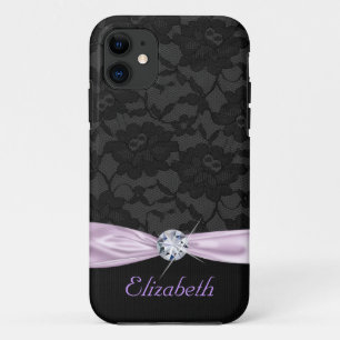 Elegante schwarze Spitze-lila Satin-Band und Case-Mate iPhone Hülle