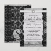 Elegante schwarze Spitzen, rustikales Holz und Dia Einladung (Vorne/Hinten)