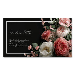 Elegante schwarze staubige Rosen-Pfingstrose-Blume Magnetische Visitenkarte