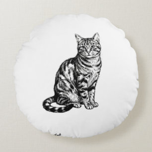 Elegante schwarze Tintenkatze Skizze Illustration Rundes Kissen