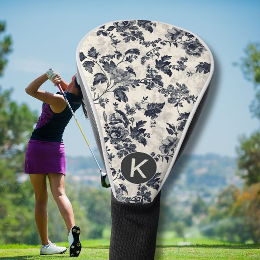 Elegante schwarze Toile-Blumenmuster-Monogramm Golf Headcover