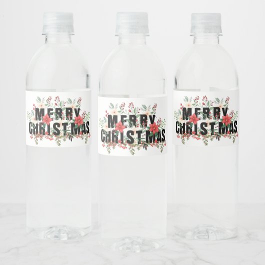 Elegante Schwarze Typografie Frohe Weihnachten Wasserflaschenetikett (Flaschen)