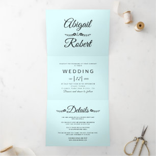 Elegante Schwarze Typografie hellblaue Hochzeit de Dreifach Gefaltete Einladung